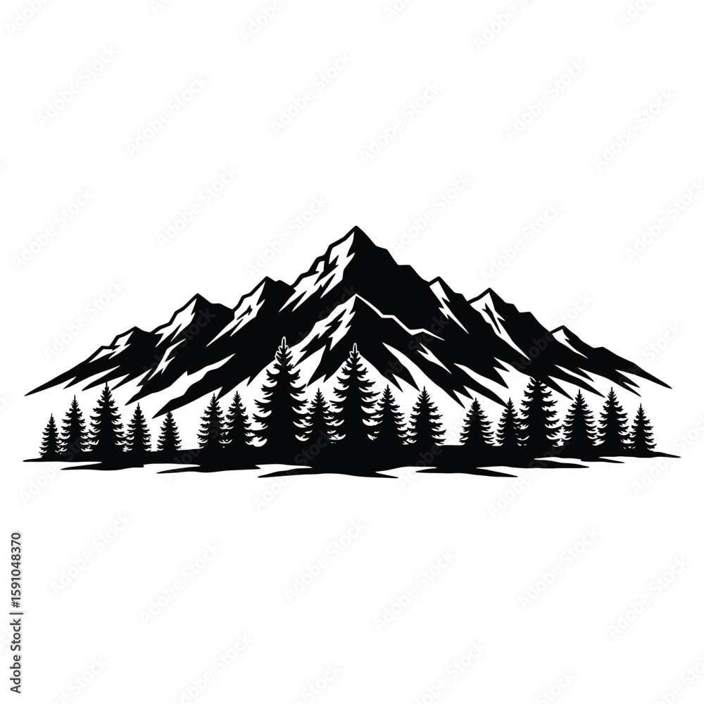 Fototapeta premium A majestic silhouette of mountains and trees isolated on white background evokes a sense of adventure, wilderness, and the beauty of nature