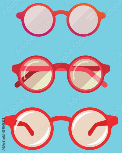 Three pairs of red framed eyeglasses on blue background 1