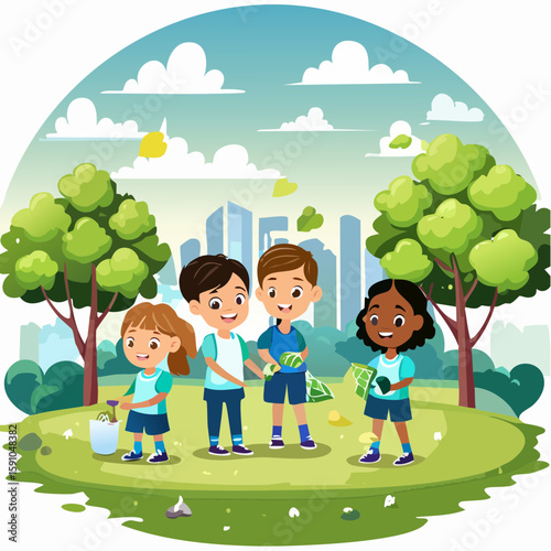 Diverse children cleaning up park for recycling