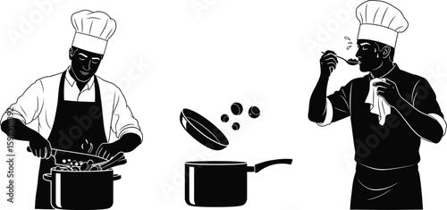 Vector art of a chef prepares food, tasting and cooking with expertise, showcasing the culinary arts and professional kitchen environment
