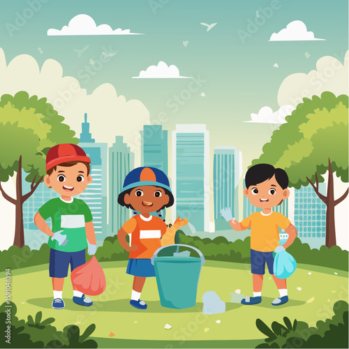 Diverse children cleaning up park for recycling