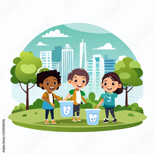 Diverse children cleaning up park for recycling