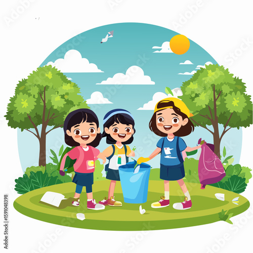 Diverse children cleaning up park for recycling