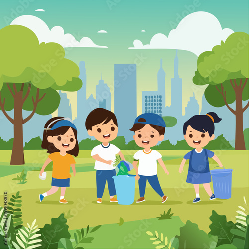 Diverse children cleaning up park for recycling