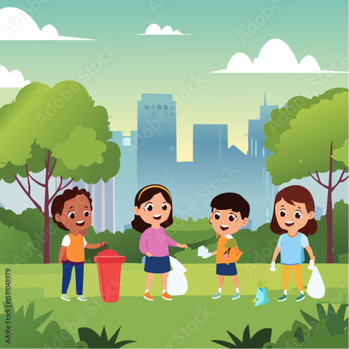 Diverse children cleaning up park for recycling