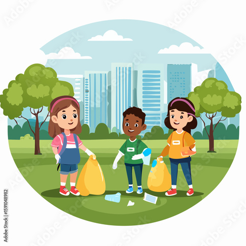 Diverse children cleaning up park for recycling
