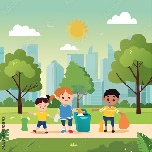 Diverse children cleaning up park for recycling