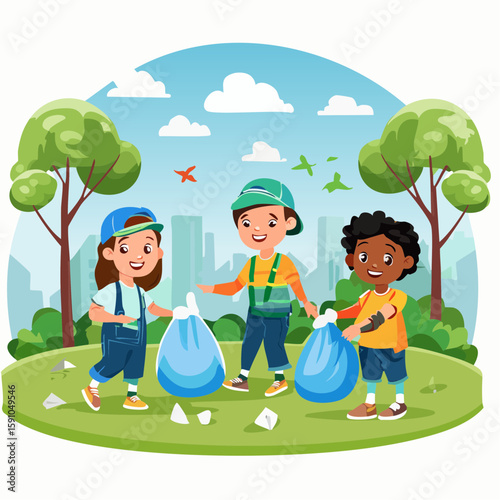 Diverse children cleaning up park for recycling