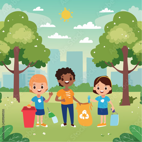 Diverse children cleaning up park for recycling