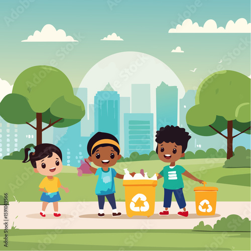 Diverse children cleaning up park for recycling