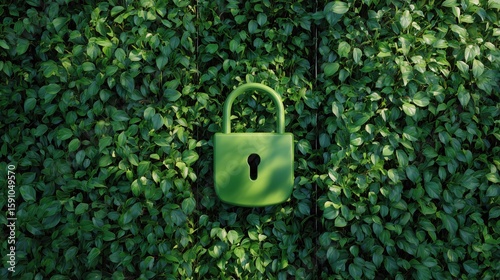 Fototapeta Naklejka Na Ścianę i Meble -  Green Padlock Embedded in Tropical Leaf Wall – Nature-Inspired Cybersecurity Concept with Vines Framing Right Side

