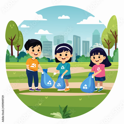 Diverse children cleaning up park for recycling