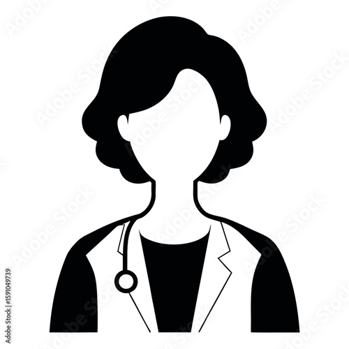 Black and White Illustration of a Female Doctor with Stethoscope and Short Hair