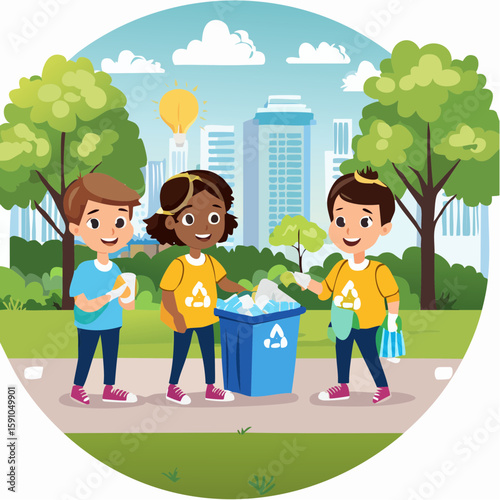 Diverse children cleaning up park for recycling