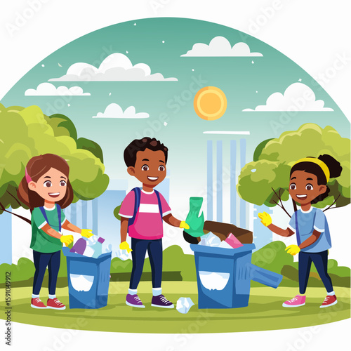 Diverse children cleaning up park for recycling