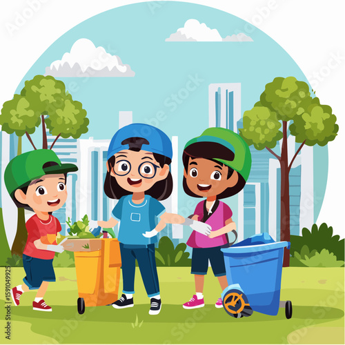 Diverse children cleaning up park for recycling