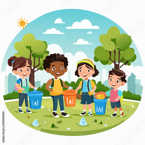 Diverse children cleaning up park for recycling