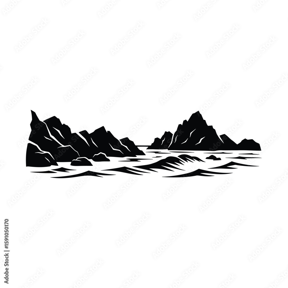 Fototapeta premium A black and white illustration of a rocky coastline with ocean waves, isolated on white background