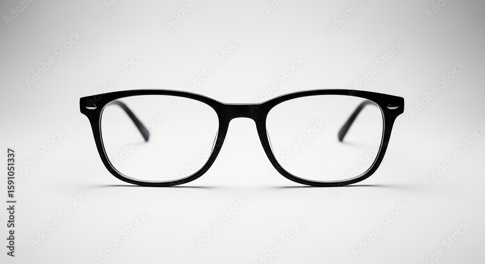 Close-up of modern black frame glasses on a white surface, concept for eye health, vision correction and fashion accessory Close-up of modern black frame glasses on a white surface, concept for eye health, vision correction and fashion accessory