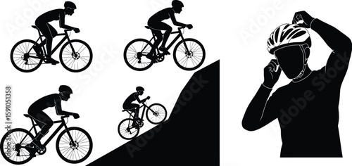 Vector art of silhouetted cyclists are depicted in various poses, including riding a mountain and putting a helmet