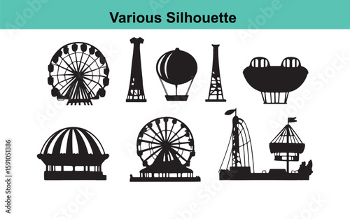 Amusement Park Attractions Silhouette Vector: Ferris Wheel, Hot Air Balloon, Tower, and Ride Icons for Graphic Design and Creative Projects