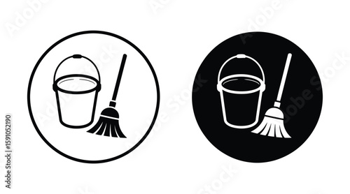 Black and White Cleaning Icons, Bucket and Broom Symbol Vector