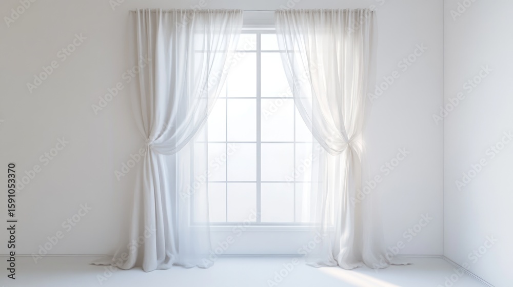 Fototapeta premium Serene White Room with Sheer Curtains and Sunlight