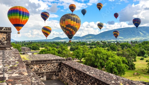 Colorful hot air balloons over ancient ruins