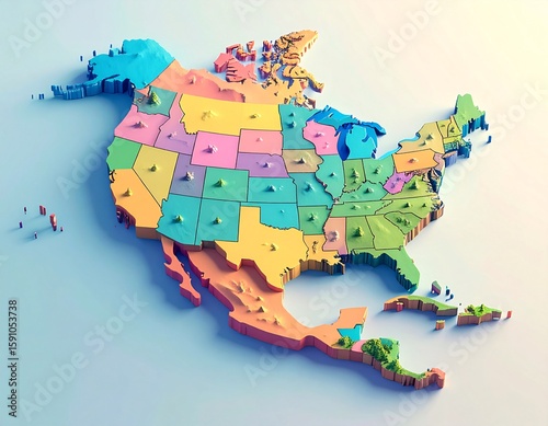 Isometric 3D Render of North America Map