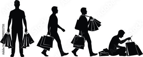 Vector art of silhouette of a man carrying shopping bags in different poses