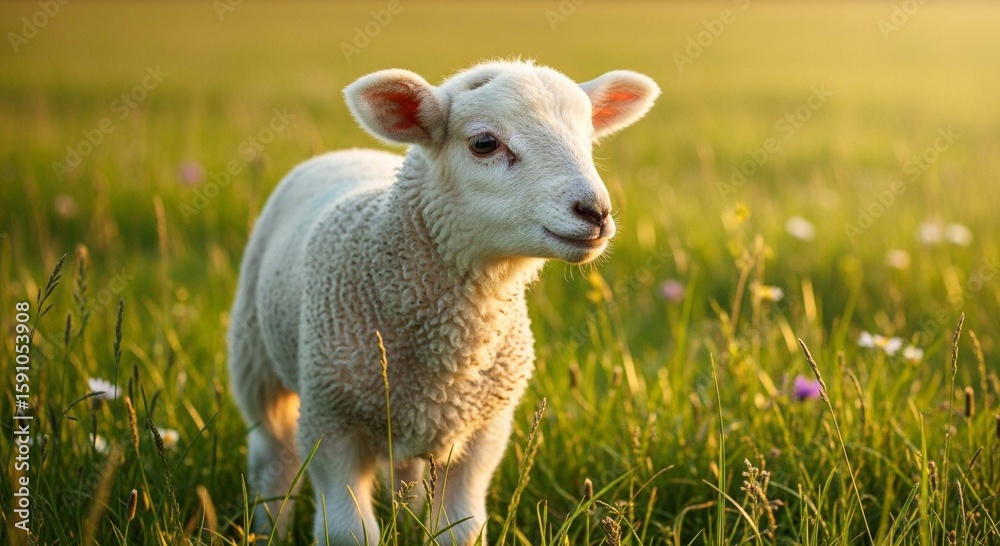 Fototapeta premium A fluffy white lamb stands in a sunlit grassy field, bathed in warm golden hour light.