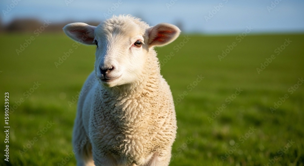 Fototapeta premium A small white lamb stands in a sunny green pasture looking curiously at the camera.