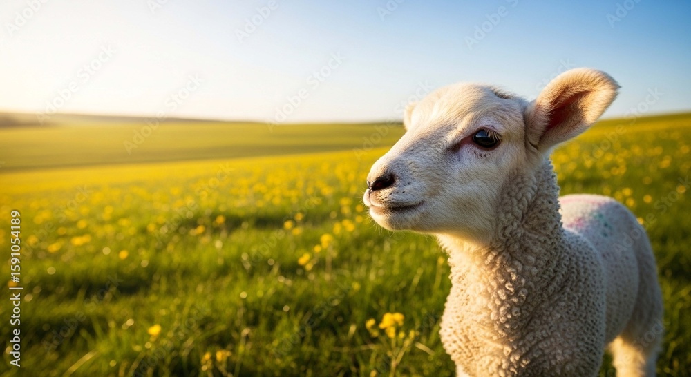 Fototapeta premium A small white lamb stands in a sunlit green meadow filled with yellow wildflowers.