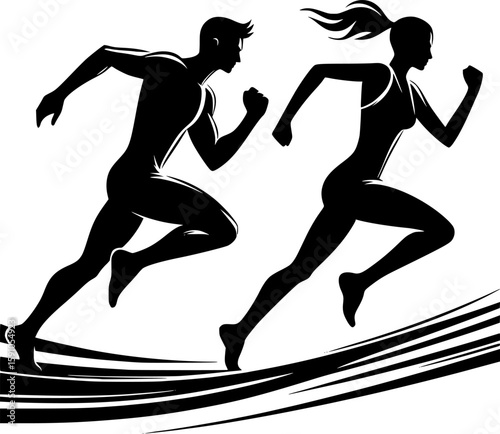 Running man and woman, isolated vector silhouettes. Run, side view. Silhouettes of athletic looking male and female runners running. EPS 10 version.