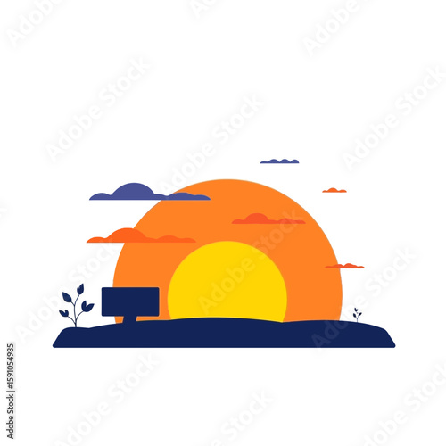 Remote Work Laptop on Hills at Sunset Landscaped