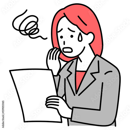 書類を見て困惑するスーツの女性