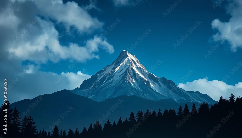 Obraz premium Geometric mountain peak at night, spruce forest silhouette, cloudy sky , adventure, majestic