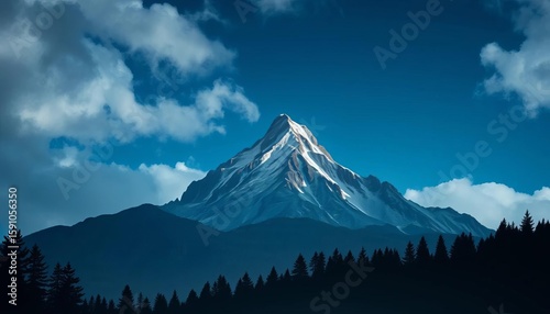Geometric mountain peak at night, spruce forest silhouette, cloudy sky ,  adventure,  majestic