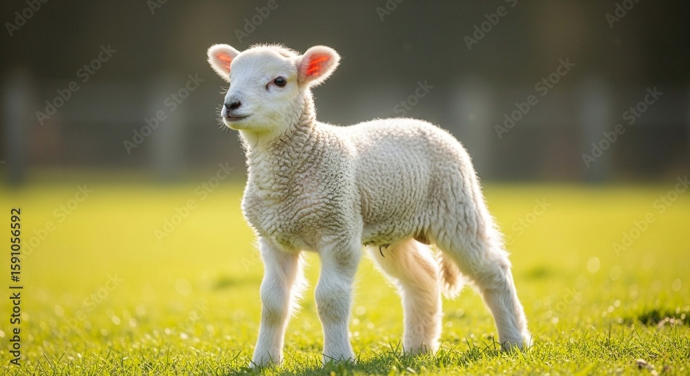 Obraz premium A fluffy white lamb stands on a sunlit grassy field, its ears perked and looking towards the viewer with a gentle expression.