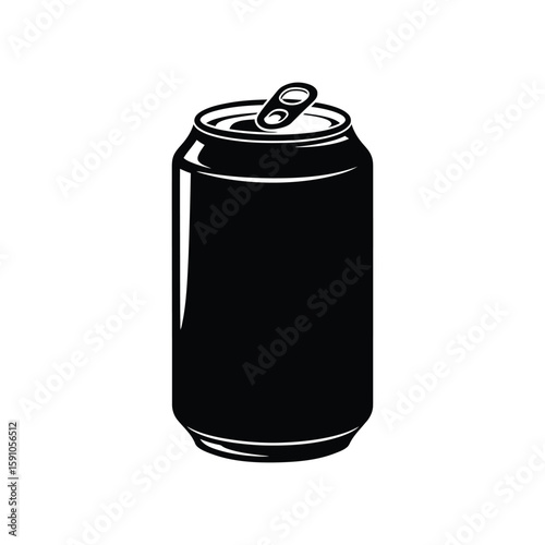 A sleek black silhouette of a soda can, isolated on white background, represents a refreshing and convenient beverage choice