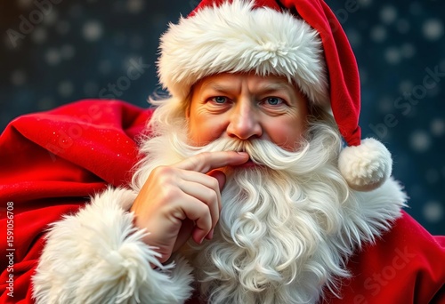 Santa with red sack, finger to lips, secretive expression,  bag,  santa