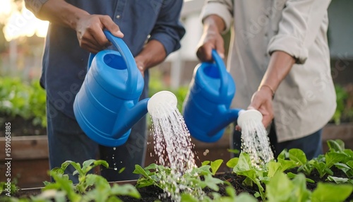 Two people watering plants in a garden bed