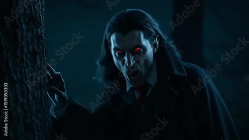 Mysterious figure with glowing red eyes in a dark forest at night, evoking a sense of suspense