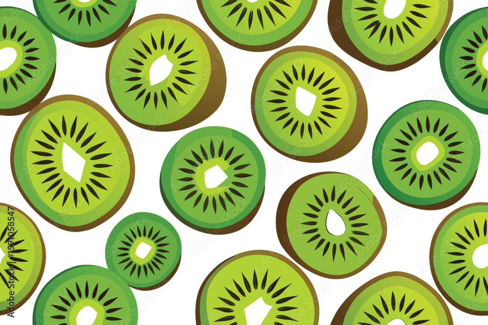 Fototapeta premium Seamless pattern of fresh kiwi fruit slices on a white background