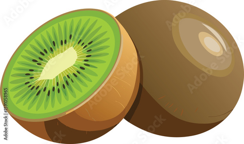 Illustration of a whole and a halved kiwi fruit on white