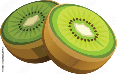 Two Sliced Kiwi Fruit Halves Cartoon Illustration on White Background