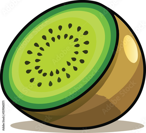 Cartoon illustration of a halved kiwi fruit with seeds and shadow