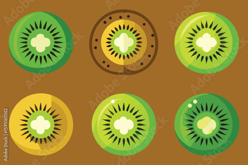 Kiwi fruit slices in a flat design pattern on brown background