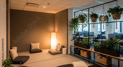 A modern office space with a relaxation area featuring plants and floor cushions for employees - ai generated