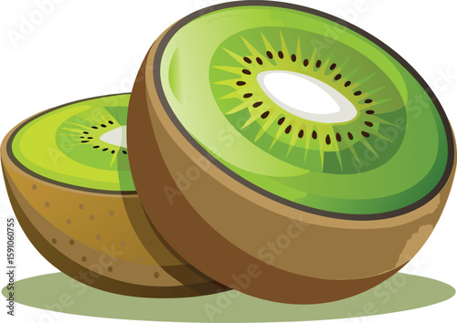 Two kiwi fruit halves with green flesh and brown skin illustration